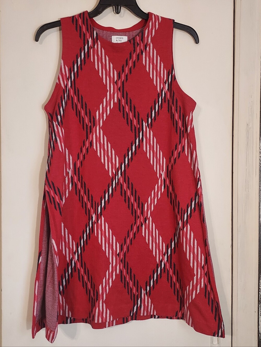 Crown & Ivy Red Plaid Sleeveless Tunic Top Side Slit XS
